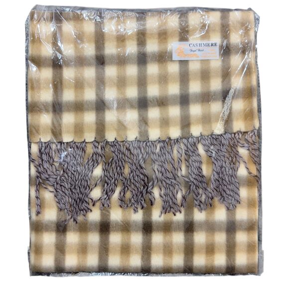 Royal Rossi Neck Warmer Soft Scarf Beige Brown 100% Cashmere Checkered Fringed - Picture 1 of 5